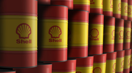Poznan, Poland, October 12, 2023: Shell oil petroleum fuel barrels in row concept. Fossil fuel company and petrol industrial containers 3d illustration.のeditorial素材
