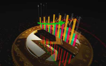 Monero XMR cryptocurrency golden coin over the chart. Price trend graph with growing and falling...