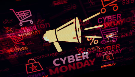 Cyber monday symbol technology concept. Abstract sign on glitch screens 3d illustration.の写真素材