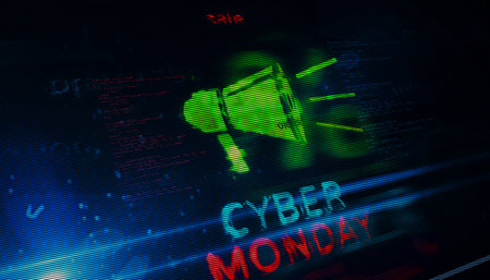 Cyber monday symbol technology concept. Abstract sign on glitch screens 3d illustration.の写真素材