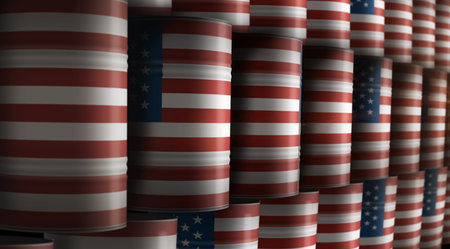 USA oil crude petroleum fuel barrels in row concept. American petrol business and fuel extraction industrial containers 3d illustration.の写真素材