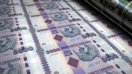 Tanzanian shilling money printing 3d illustration. 5000 TZS banknote print. Concept of finance, cash, economy crisis, business success, recession, bank, tax and debt in Tanzania.の写真素材