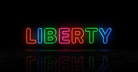 Liberty neon symbol. Freedom and success light color bulbs. Abstract concept 3d illustration.の写真素材