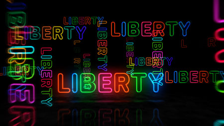 Liberty neon symbol. Freedom and success light color bulbs. Abstract concept 3d illustration.の写真素材