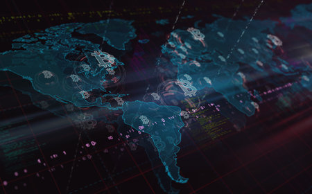 Bitcoin blockchain crypto currency and digital money symbols over world map technology concept 3d illustration.の写真素材