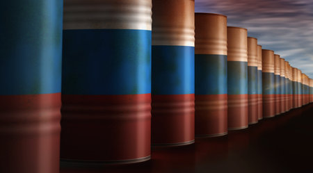 Russia oil crude petroleum fuel barrels in row concept. Russian petrol business and fuel extraction industrial containers 3d illustration.の写真素材