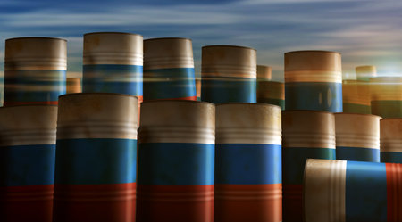 Russia oil crude petroleum fuel barrels in row concept. Russian petrol business and fuel extraction industrial containers 3d illustration.の写真素材