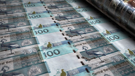 Gambian dalasis money printing 3d illustration. 100 GMD banknote print. Concept of finance, cash,...