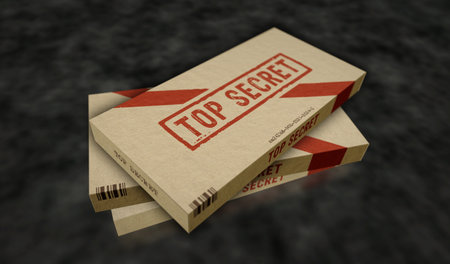 Top secret box production line. Confidential documents cardboard pack factory. Abstract concept 3d rendering illustration.の写真素材