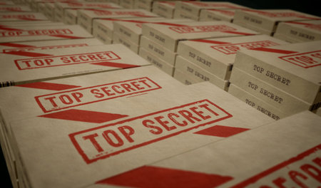 Top secret box production line. Confidential documents cardboard pack factory. Abstract concept 3d rendering illustration.の写真素材