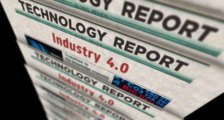 Industry 4.0 technology robotics and automation vintage news and newspaper printing. Abstract concept retro headlines 3d illustration.の写真素材