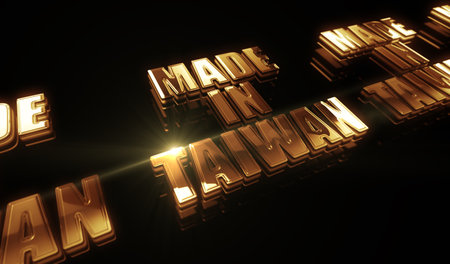 Made in Taiwan technology export golden metal shine symbol concept. Spectacular glowing and reflection light icon abstract object 3d illustration.の写真素材