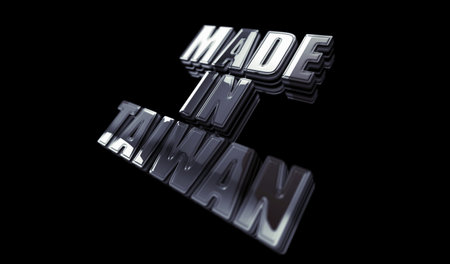 Made in Taiwan technology export golden metal shine symbol concept. Spectacular glowing and reflection light icon abstract object 3d illustration.の写真素材