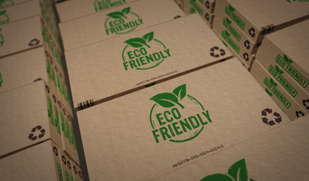 Eco friendly box production line. Recycling and sustainable transport cardboard pack factory. Abstract concept 3d illustration.の写真素材