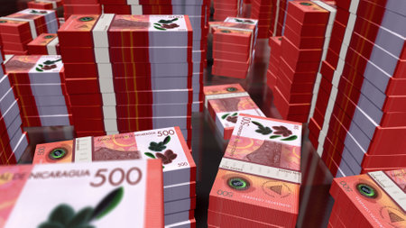Nicaragua money Nicaraguan cordobas money pack 3d illustration. 500 NIO banknote bundle stacks. Concept of finance, cash, economy crisis, business success, recession, bank, tax and debt.の写真素材