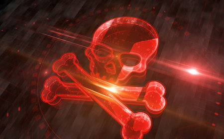 Cyberattack piracy and security breach with skull  symbol digital concept. Network, cyber technology sign and computer background abstract icon 3d illustration.の写真素材