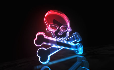 Cyberattack piracy and security breach with skull  symbol digital concept. Network, cyber technology sign and computer background abstract icon 3d illustration.の写真素材