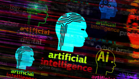 Artificial intelligence neural networks AI symbol technology concept. Abstract sign on glitch screens 3d illustration.の写真素材