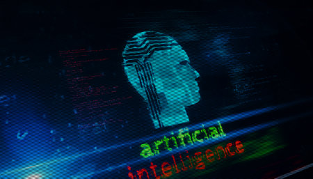 Artificial intelligence neural networks AI symbol technology concept. Abstract sign on glitch screens 3d illustration.の写真素材
