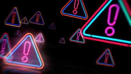 Alert neon symbol. Warning danger alarm icon light color bulbs. Abstract concept 3d illustration.の写真素材