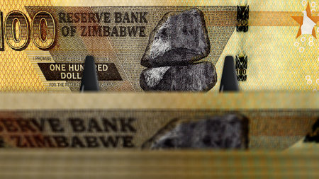 Zimbabwe money Zimbabwean dollars money pack 3d illustration. 100 ZWL banknote bundle stacks....