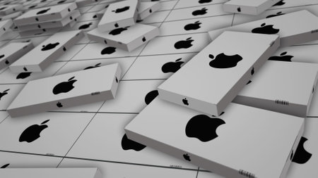 Poznan, Poland, March 27, 2024: Apple product production line. Technology company. Cardboard pack factory. Abstract concept 3d illustration.のeditorial素材