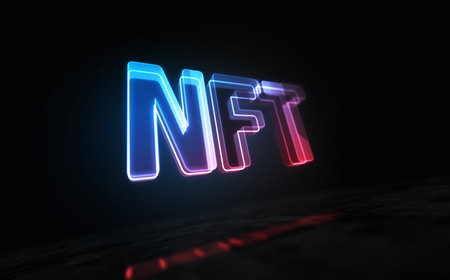 NFT non-fungible token crypto artwork investment symbol digital abstract concept holographic glass. Cyber technology and computer background 3d object 3d illustration.の写真素材