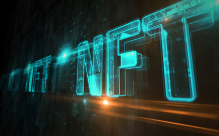 NFT non-fungible token crypto artwork investment symbol digital concept. Network, cyber technology sign and computer background abstract icon 3d illustration.の写真素材
