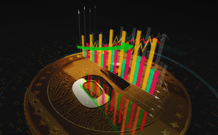 Optimism OP cryptocurrency golden coin over the chart. Price trend graph with growing and falling line. Online payment and transaction abstract concept 3d illustration.のeditorial素材