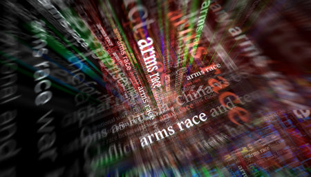 Arms race and military armaments conflict headline news across international media. Abstract concept of news titles on noise displays. TV glitch effect 3d illustration.の写真素材