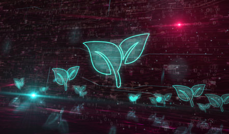 Eco friendly carbon neutral technology with ecology leaf symbol digital concept. Network, cyber technology and computer background abstract 3d illustration.の写真素材