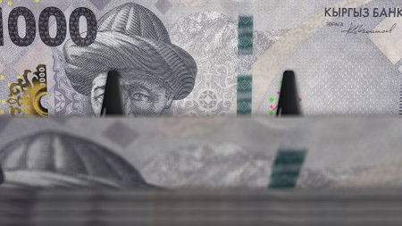 Kyrgyzstan money Kyrgyz soms money pack 3d illustration. 1000 KGS banknote bundle stacks. Concept of...
