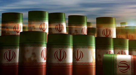 Iran oil crude petroleum fuel barrels in row concept. Iranian petrol business and fuel extraction industrial containers 3d illustration.の写真素材