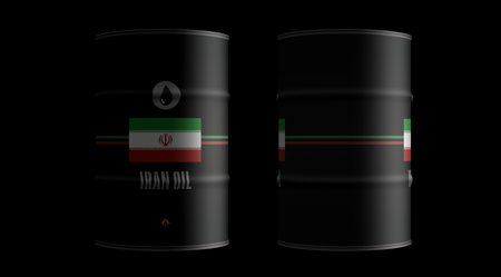 Iran oil crude petroleum fuel barrels in row concept. Iranian petrol business and fuel extraction industrial containers 3d illustration.の写真素材