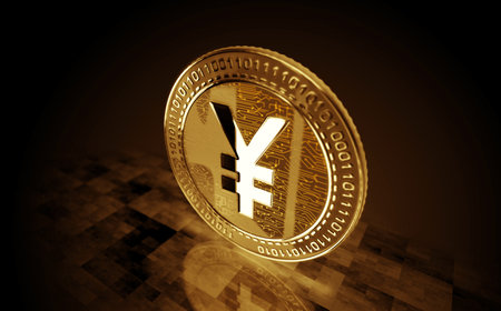 Yen Yuan cryptocurrency gold coin on green screen background. Abstract concept 3d illustration.の写真素材