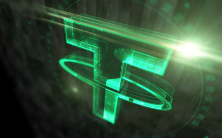 Tether USDT stablecoin cryptocurrency digital dollar symbol digital concept. Network, cyber technology sign and computer background abstract icon 3d illustration.の写真素材