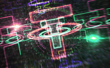 Tether USDT stablecoin cryptocurrency digital dollar symbol digital concept. Network, cyber technology sign and computer background abstract icon 3d illustration.の写真素材