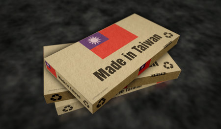 Made in Taiwan box production line. Manufacturing and delivery. Product factory, import and export. Abstract concept 3d illustration.の写真素材
