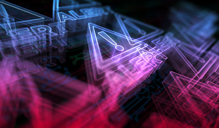 Alert warning exclamation mark symbol digital concept. Network, cyber technology and computer background abstract 3d illustration.の写真素材