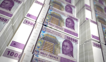 Central African CFA Franc money Cameroon Chad Congo Gabon pack 3d illustration. 10000 XAF banknote bundle stacks. Concept of finance, economy, business, bank, tax and debt.の写真素材