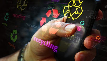 Recycling ecology and environment protection with recycle symbol mobile technology concept. Abstract sign on glitch screens in hand 3d illustration.の写真素材