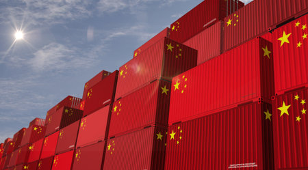 China export production and import cargo containers in row business concept. Chinese flag industrial...