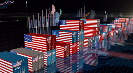 USA export production and import cargo containers on charts and diagrams business concept. American flag industrial shipping box 3d illustration.の写真素材