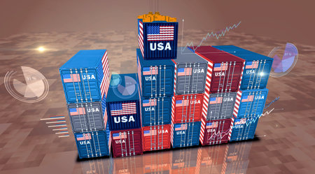 USA export production and import cargo containers on charts and diagrams business concept. American flag industrial shipping box 3d illustration.の写真素材