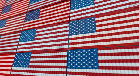 USA export production and import cargo containers in row business concept. American flag industrial shipping box 3d illustration.の写真素材