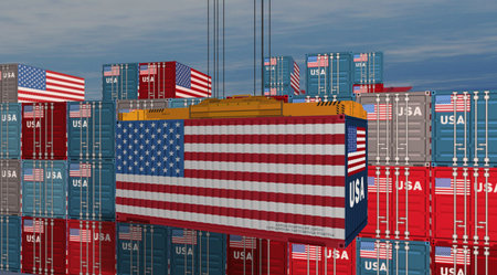 USA export production and import containers cargo crane. Business concept of transport, loading and shipping with a American flag illustration.の写真素材