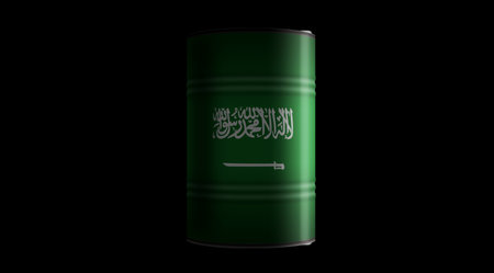 Saudi Arabia oil crude petroleum fuel barrels in row concept. Saudi Arabian petrol business and fuel extraction industrial containers 3d illustration.の写真素材