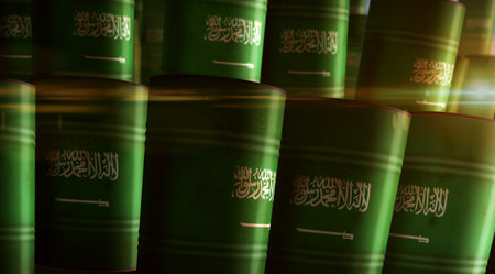 Saudi Arabia oil crude petroleum fuel barrels in row concept. Saudi Arabian petrol business and fuel extraction industrial containers 3d illustration.の写真素材