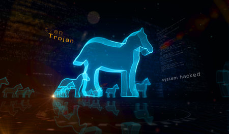 Trojan virus cyber crime and security breach symbol digital concept. Network, cyber technology and computer background abstract 3d illustration.の写真素材