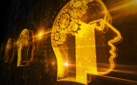 AI head artificial intelligence machine learning symbol digital concept. Network, cyber technology sign and computer background abstract icon 3d illustration.の写真素材